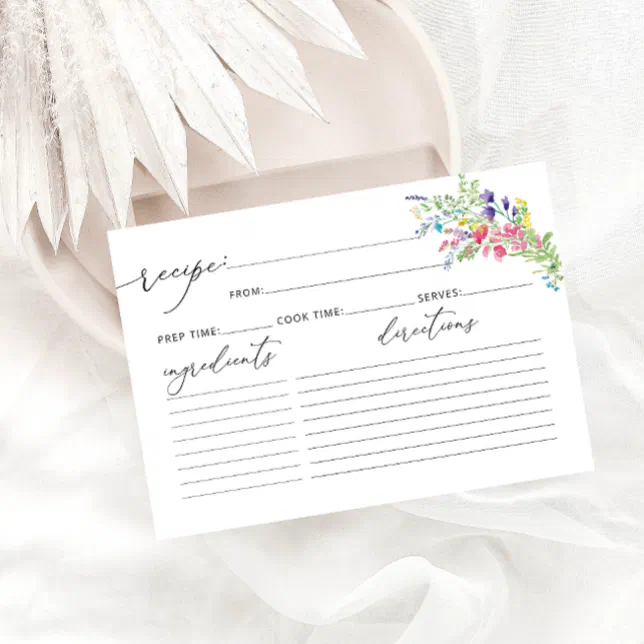 Elegant Watercolor Wildflowers Recipe Card | Zazzle