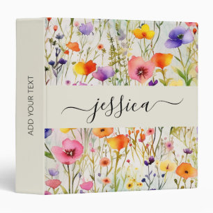 Elegant watercolor wildflowers script name 3 ring binder