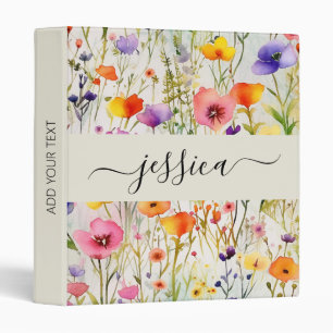 Elegant watercolor wildflowers script name 3 ring binder