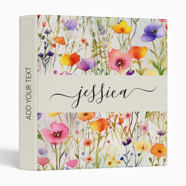 Elegant watercolor wildflowers script name 3 ring binder (Front/Spine)