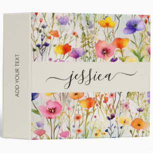 Elegant watercolor wildflowers script name 3 ring binder