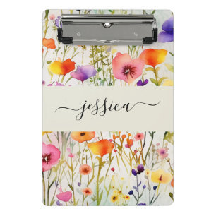 Elegant watercolor wildflowers script name mini clipboard