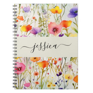 Elegant watercolor wildflowers script name  notebook