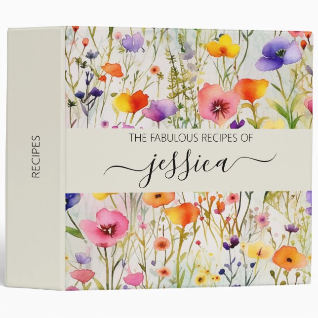 Elegant watercolor wildflowers script name Recipe 3 Ring Binder (Front/Spine)