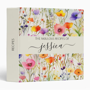 Elegant watercolor wildflowers script name Recipe 3 Ring Binder
