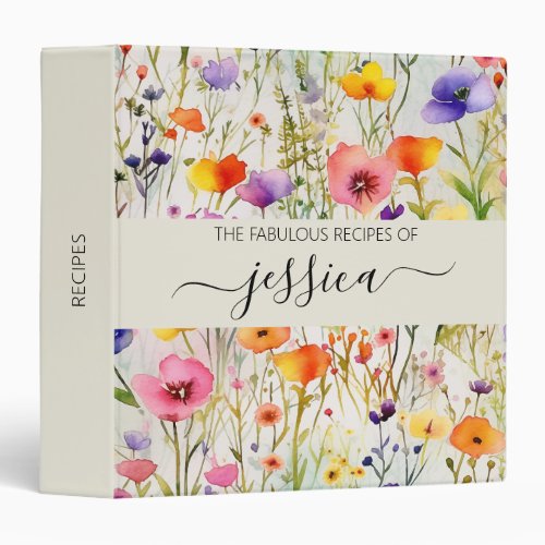 Elegant watercolor wildflowers script name Recipe 3 Ring Binder