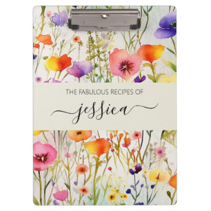 Elegant watercolor wildflowers script name Recipe Clipboard