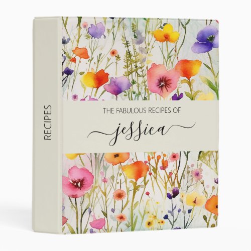 Elegant watercolor wildflowers script name Recipe Mini Binder