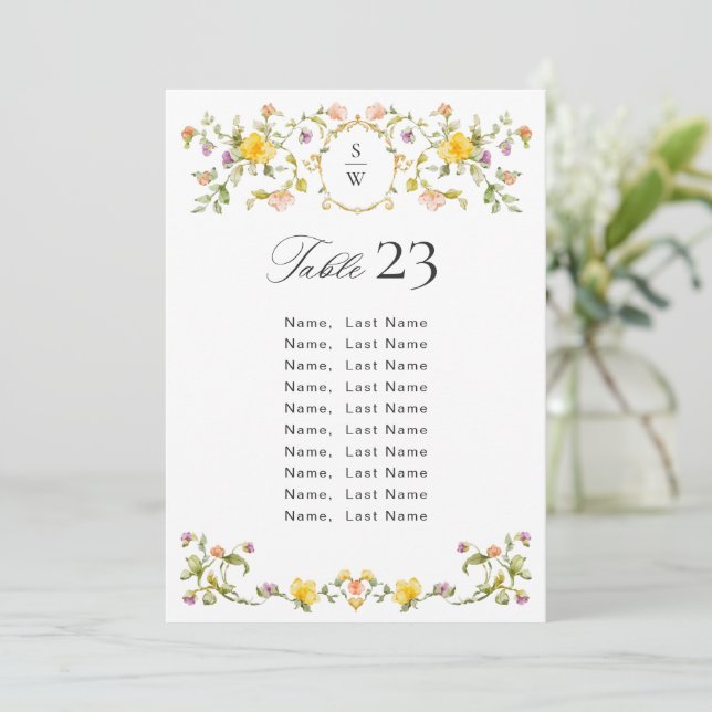 Elegant Watercolor Wildflowers Seating Chart Card (Standing Front)
