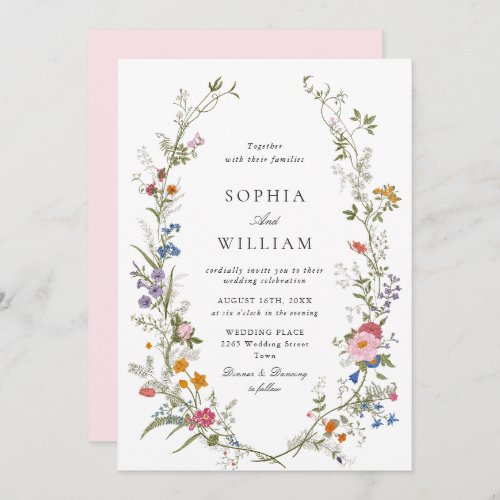 Elegant Watercolor Wildflowers Simple Pink Wedding Invitation