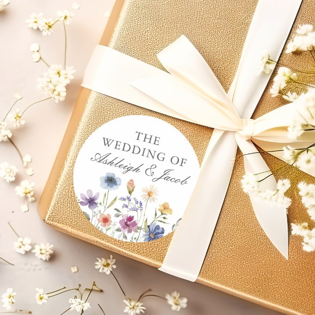 Elegant Watercolor Wildflowers Spring Wedding Classic Round Sticker (Creator Uploaded)