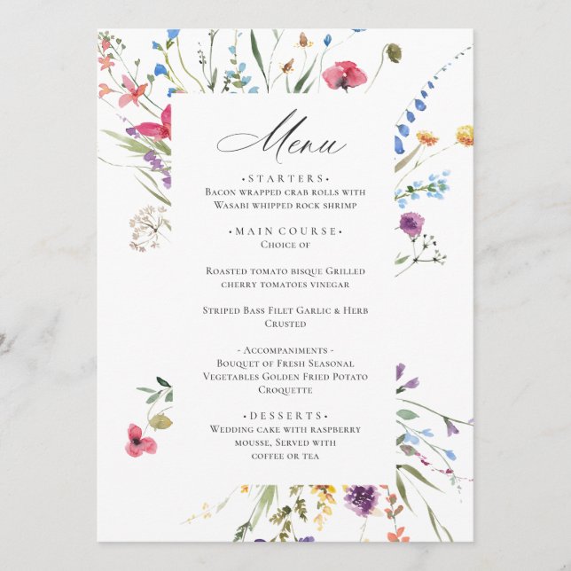 Elegant Watercolor Wildflowers Wedding Dinner Menu (Front)