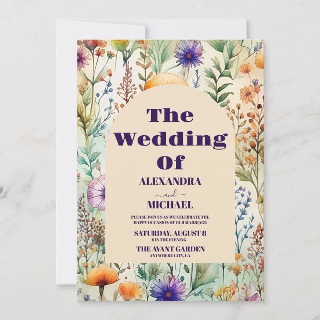 Elegant Watercolor  Wildflowers Wedding Invitation (Front)