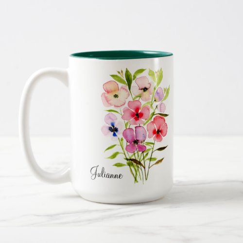 Elegant Watercolor Wildflowers with Name Two_Tone Coffee Mug