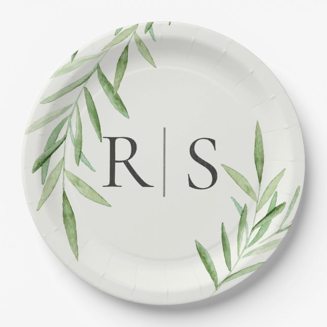 Elegant Watercolor Willow Bridal Shower Monogram  Paper Plates (Front)