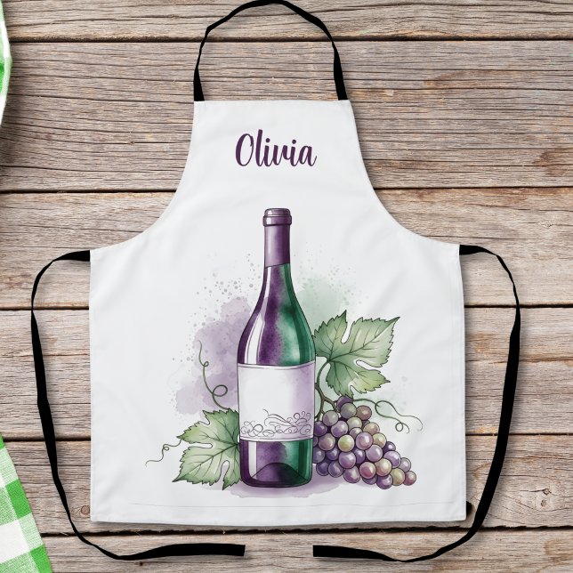 Elegant Watercolor Wine Bottle & Grapes Apron (Creator Uploaded)