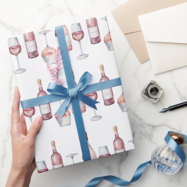 Elegant Watercolor Wine Bottles Rosé Pink  Wrapping Paper (Gifting)