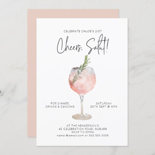 Elegant Watercolor Wine Cocktail Party Pink 21st Invitation