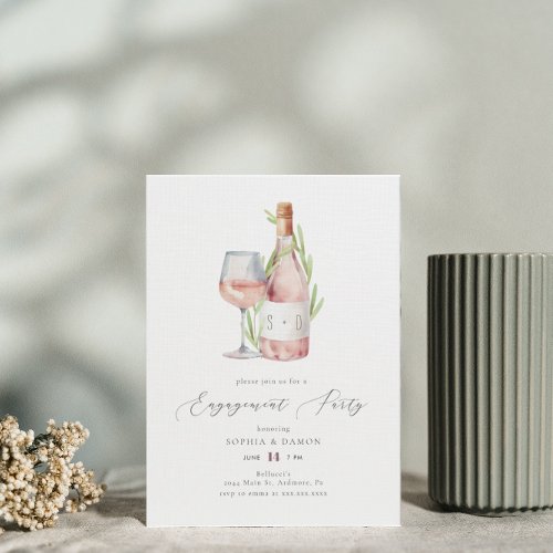 Elegant Watercolor Wine Monogram Engagement Party Invitation