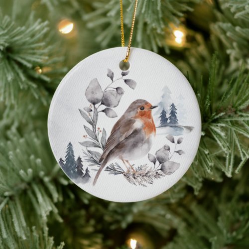 Elegant Watercolor Winter American Robin Ceramic Ornament