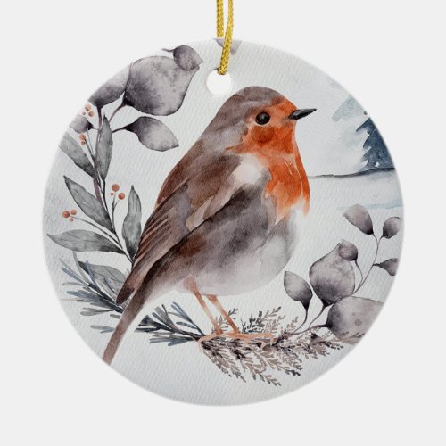 Elegant Watercolor Winter American Robin Ceramic Ornament