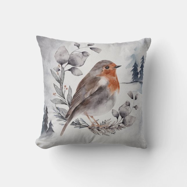 Elegant Watercolor Winter American Robin Christmas Throw Pillow (Front)
