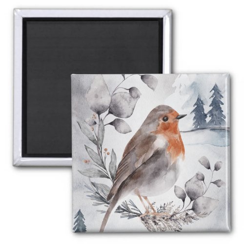 Elegant Watercolor Winter American Robin Magnet