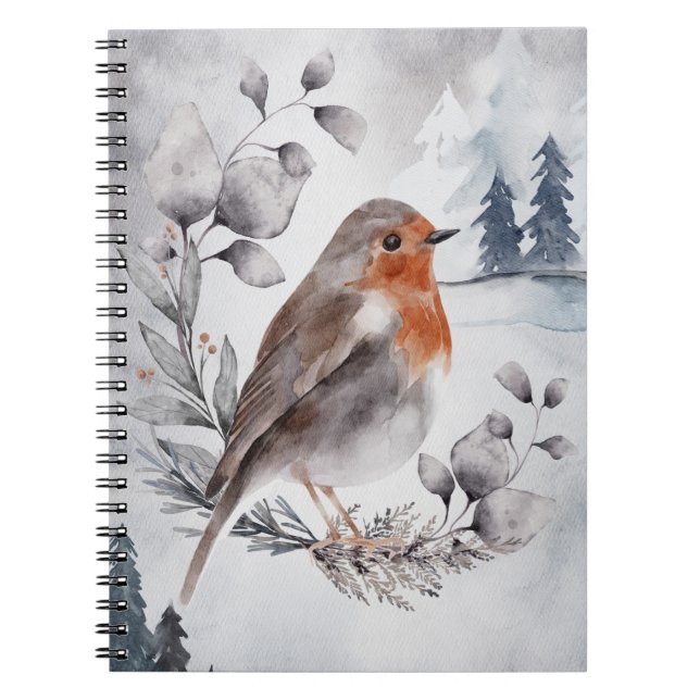 Elegant Watercolor Winter American Robin Notebook (Front)