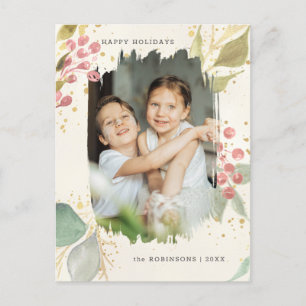 Elegant Watercolor Winter Berries & Greenery Photo Holiday Postcard