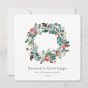 Elegant Watercolor Winter Berry Greenery Wreath Holiday Card
