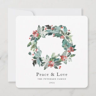 Elegant Watercolor Winter Berry Greenery Wreath Holiday Card