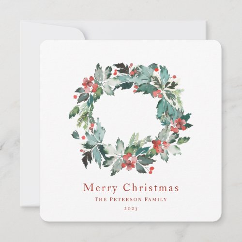 Elegant Watercolor Winter Berry Greenery Wreath Holiday Card