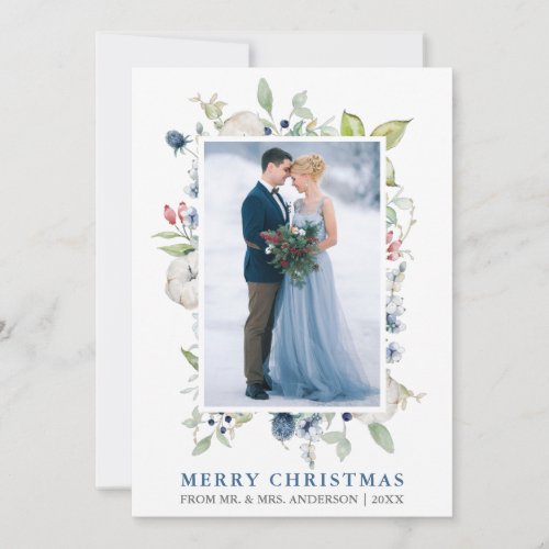 Elegant Watercolor Winter Blue Floral Newlywed Holiday Card