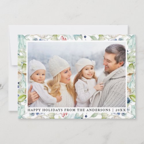 Elegant Watercolor Winter Blue Floral Photo Holiday Card