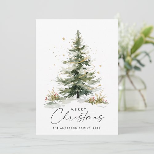 Elegant Watercolor Winter Christmas Pine Tree Holiday Card