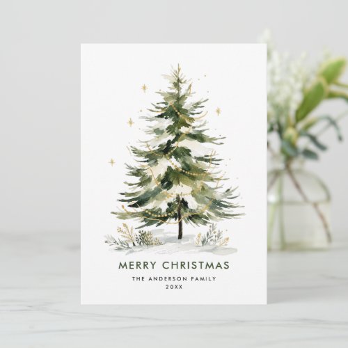 Elegant Watercolor Winter Christmas Pine Tree Holiday Card