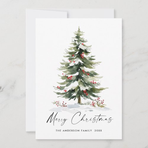 Elegant Watercolor Winter Christmas Pine Tree Holiday Card