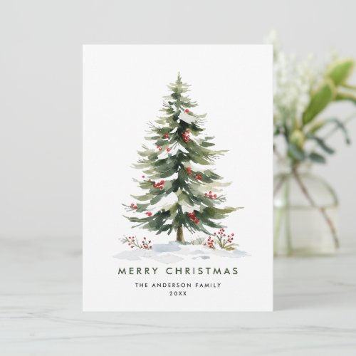 Elegant Watercolor Winter Christmas Pine Tree Holiday Card