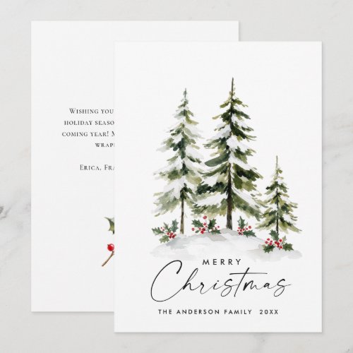 Elegant Watercolor Winter Christmas Pine Tree Holiday Card