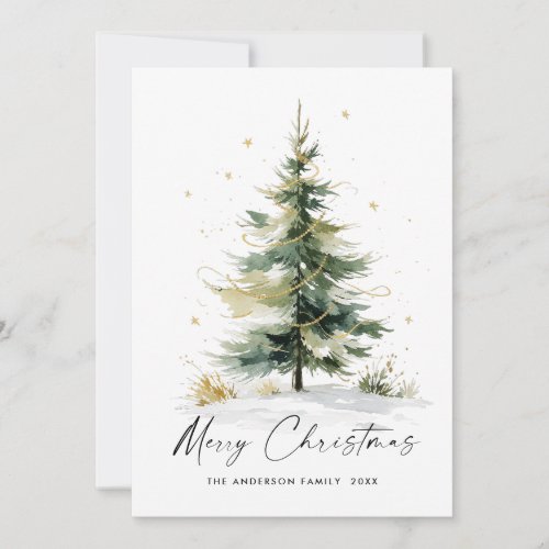 Elegant Watercolor Winter Christmas Pine Tree Holiday Card
