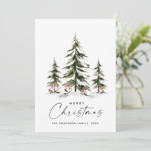 Elegant Watercolor Winter Christmas Pine Tree Holiday Card