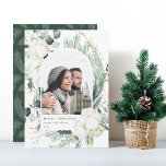 Elegant Watercolor Winter Floral Arch Photo Holiday Card<br><div class="desc">This Christmas | Holiday card features hand-painted Christmas greenery,  cotton flowers accomplished with golden and watercolor textures and a pine branch pattern on the back.</div>