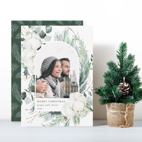 Elegant Watercolor Winter Floral Arch Photo Holiday Card