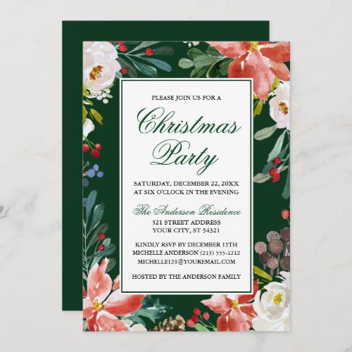 Elegant Watercolor Winter Floral Christmas Party Invitation