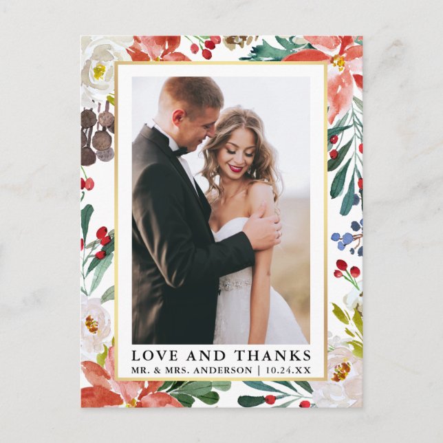 Elegant Watercolor Winter Floral Love and Thanks Postcard (Front)