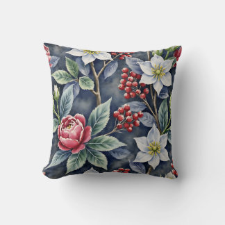 Elegant Watercolor Winter Floral Pattern Charcoal Throw Pillow