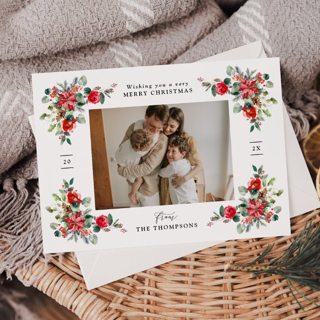 Elegant Watercolor Winter Florals Photo Christmas Holiday Card (Creator Uploaded)