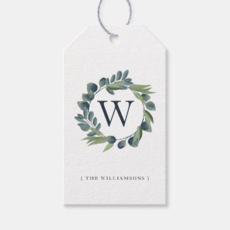 Elegant Watercolor Winter Foliage Wreath Monogram Gift Tags