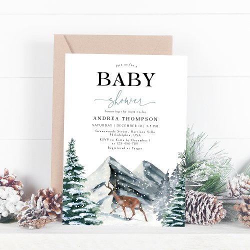 Elegant Watercolor Winter Forest Deer Baby Shower Invitation