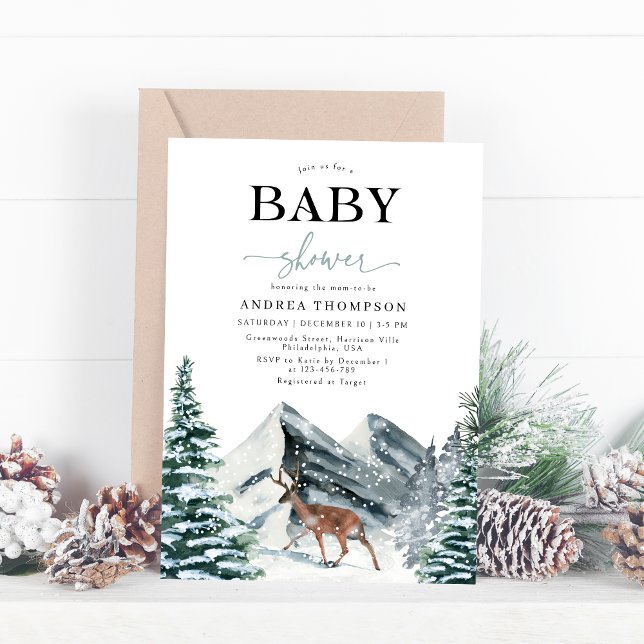 Elegant Watercolor Winter Forest Deer Baby Shower Invitation (Creator Uploaded)